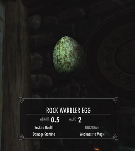 Skyrim rock warbler egg - ٢ محرم ١٤٤٥ هـ ... Fortify One-Handed: Bear Claw, Canis Root, Hanging Moss, Hawk Feathers, Pearlfish, Rock Warbler Egg, Small Pearl, Stoneflower Petals. Fortify ...